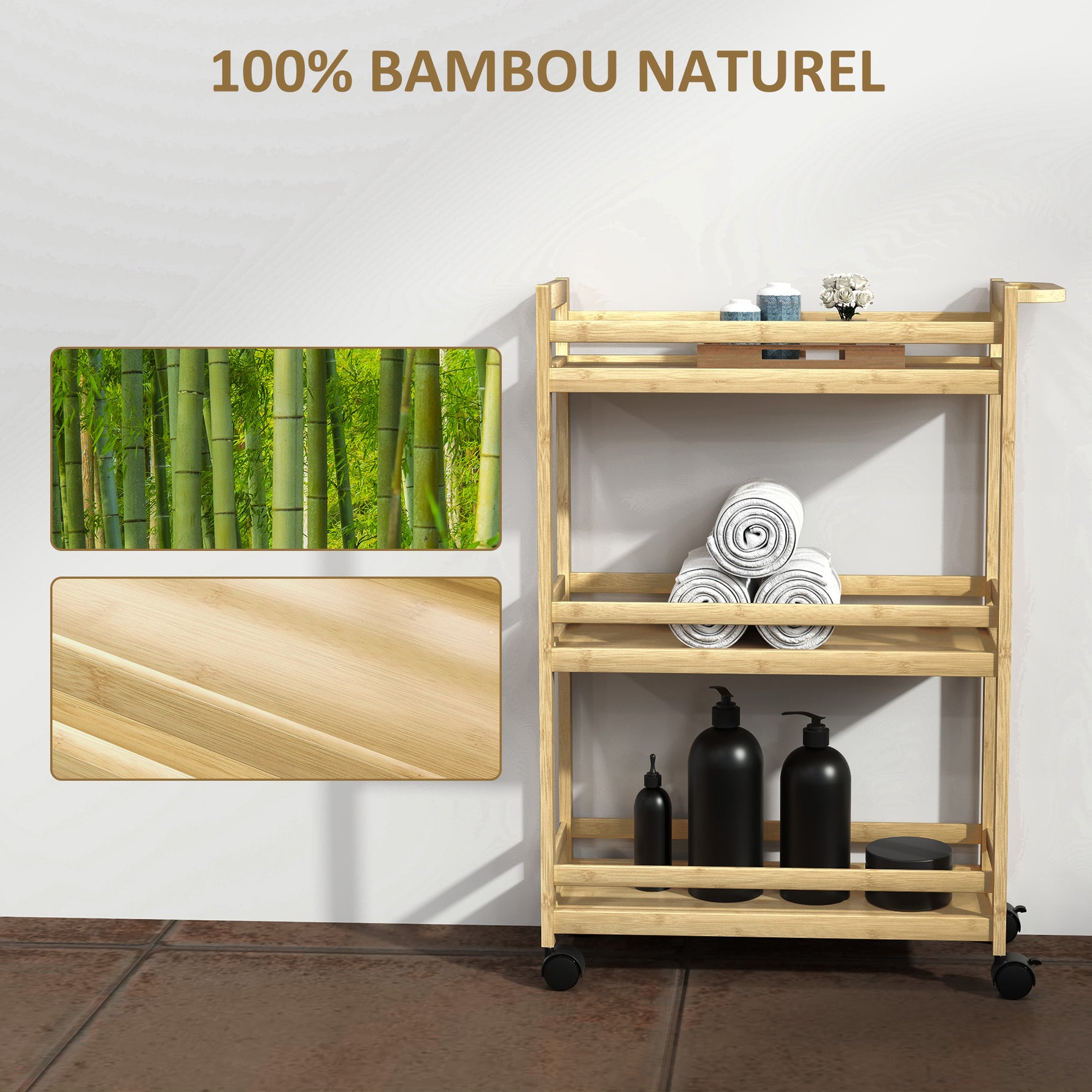 Étagère de rangement de salle de bain en bambou à 3 niveaux avec roulettes pour cuisine, salle de bain, salon - naturel