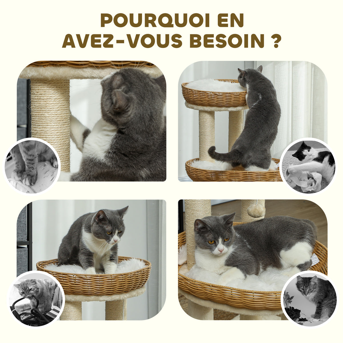 Arbre à chat arbre à grimper hauteur de 75,5 cm avec deux lits pour chat en rotin griffoirs coussins lavables beige