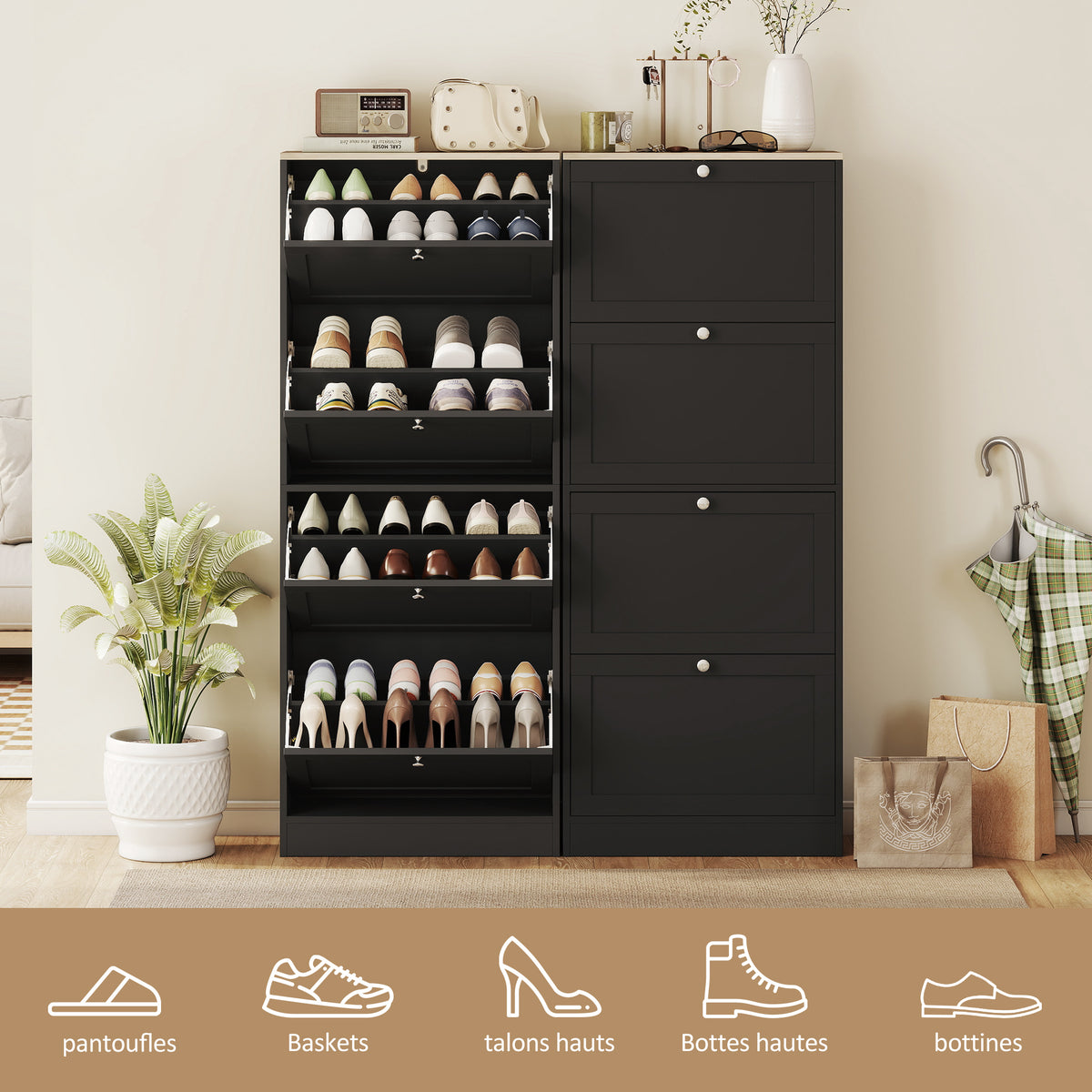 Meuble à chaussures 24 paires, armoire à chaussures avec 4 tiroirs rabattables, étagères réglables, 60x23,5x153cm, noir