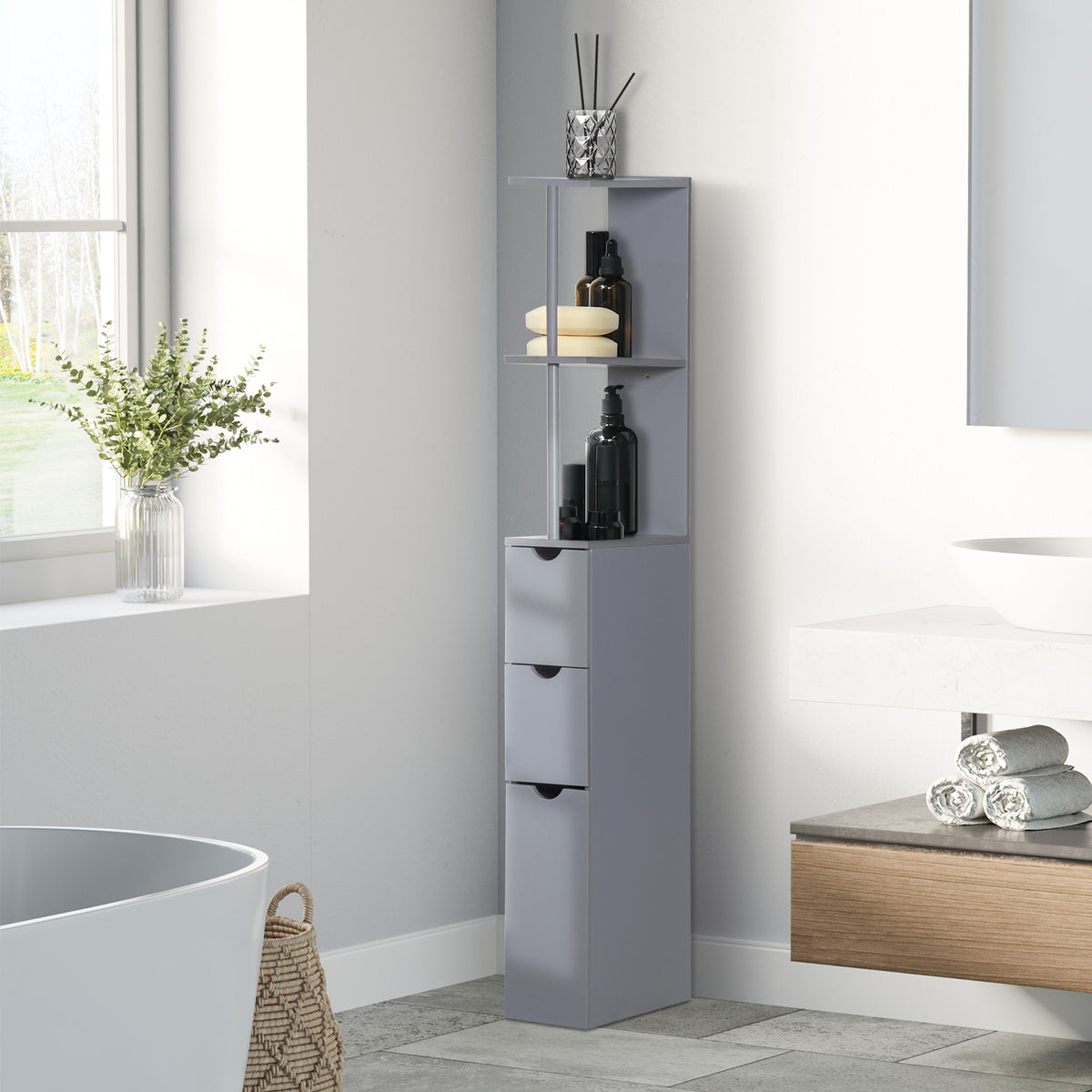 Meuble colonne salle de bain armoire de salle de bain avec tiroirs étagères ouvertes placard 15 x 33 x 136,8 cm gris