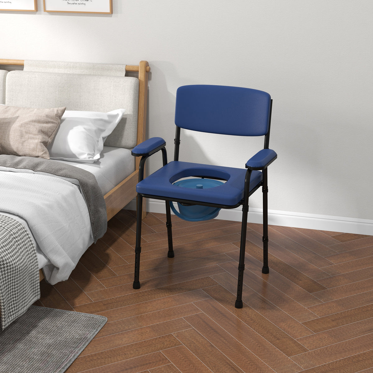 Silla de baño multifunción con inodoro y cubo extraíble, altura regulable, respaldo, asiento y reposabrazos acolchados, azul