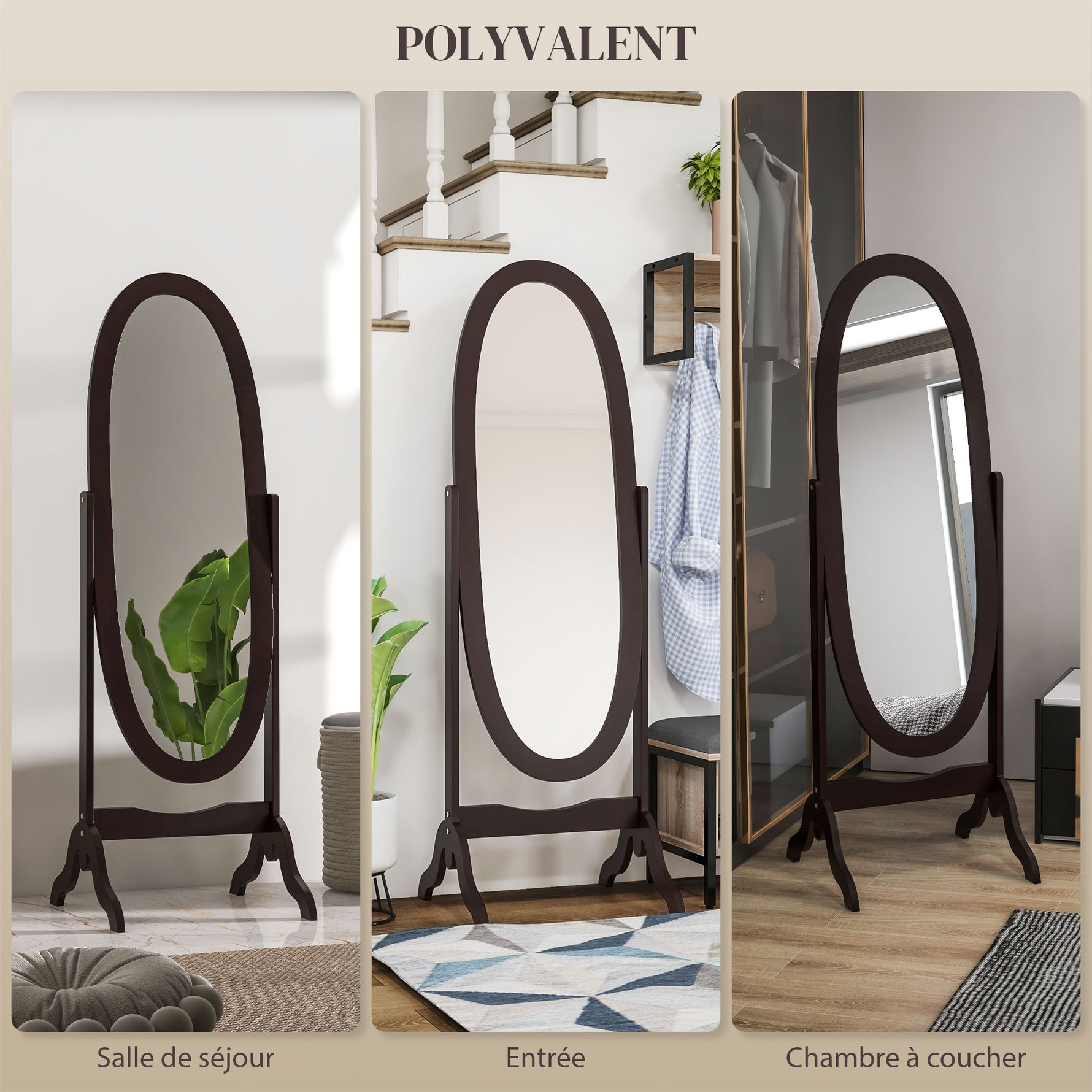 Miroir à pied ovale style shabby chic inclinaison réglable 48 x 46 x 147 cm mdf café
