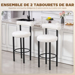 Lot de 2 tabourets de bar, chaises de bar en tissu bouclette avec dossier incurvé, repose-pieds, 50x52,5x98cm, blanc