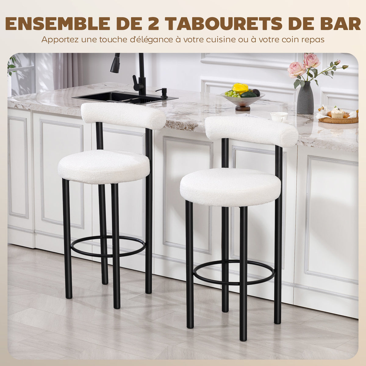 Lot de 2 tabourets de bar, chaises de bar en tissu bouclette avec dossier incurvé, repose-pieds, 50x52,5x98cm, blanc