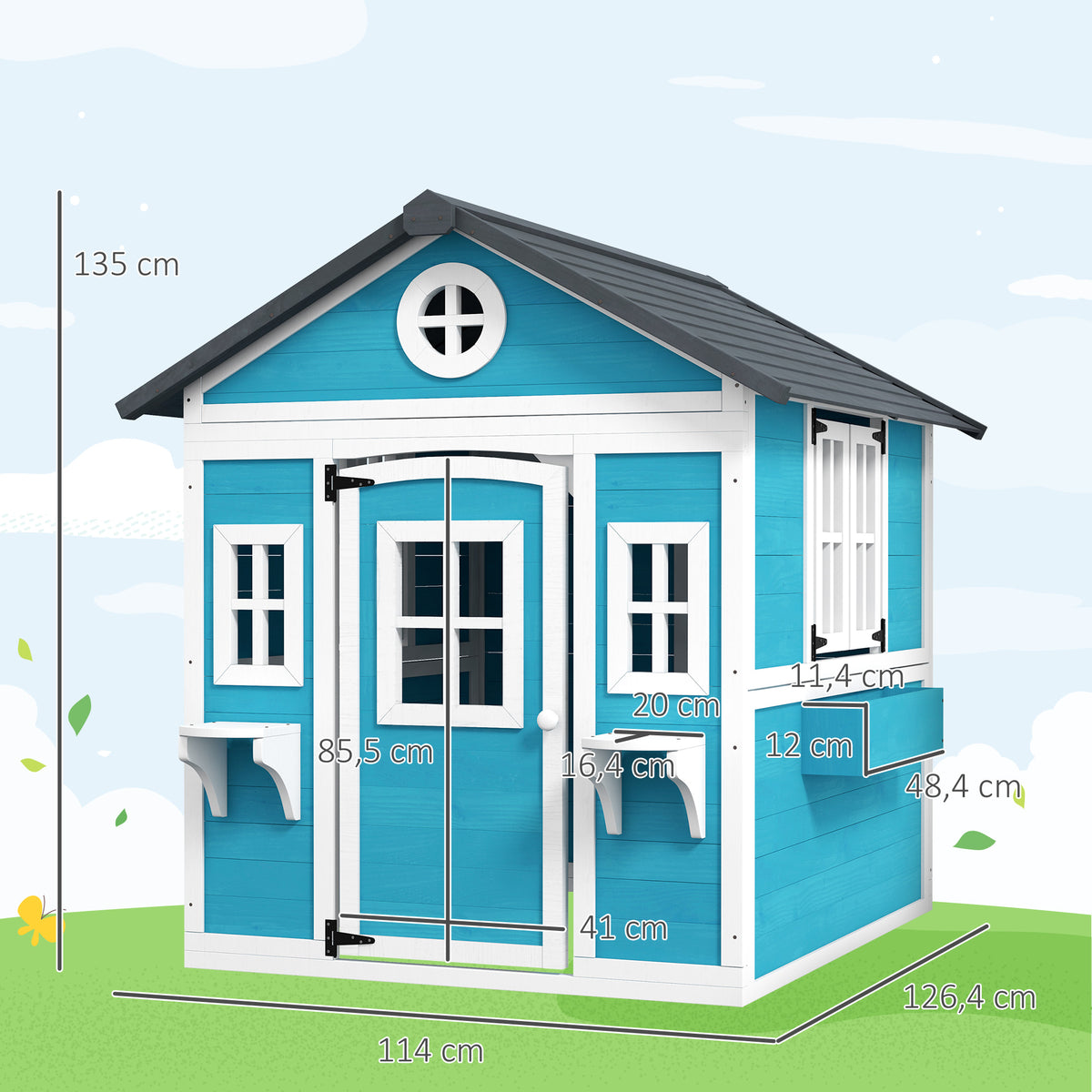 Cabane enfant extérieur maison enfant extérieure avec porte fenêtres et jardinières 114 x 126,4 x 135 cm bleu