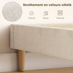 Cadre de Lit 140 x 190 cm avec Sommier, Lit Double Rembourré en Velours Côtelé, Espace de Rangement Au-Dessous, Crème