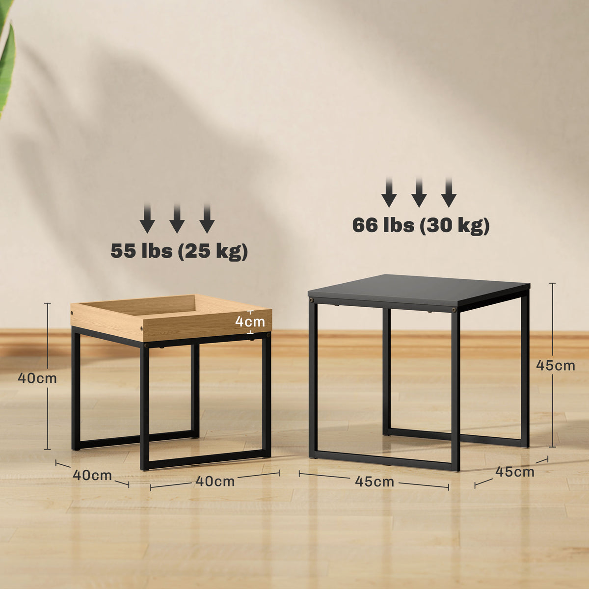 Set van 2 vierkante nesttafels, salontafels met stalen frame, moderne stijl, zwart