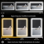Miroir salle de bain éclairage LED miroir lumineux salle de bain mural interrupteur tactile lumière 3 couleurs 100 x 60 cm