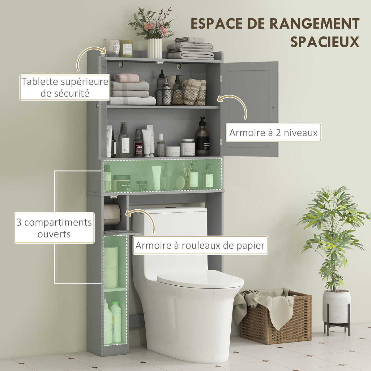 Meuble WC dessus de toilette ou machine à laver, 2 portes, 3 compartiments, porte-papier toilette, 80x19,5x170cm, gris