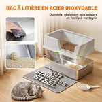 Bac Litière pour Chat en INOX Couvercle Bords Hauts Pelle et Tapis Anti-Adhérent Anti-Odeurs 60x40x30cm Gris Clair