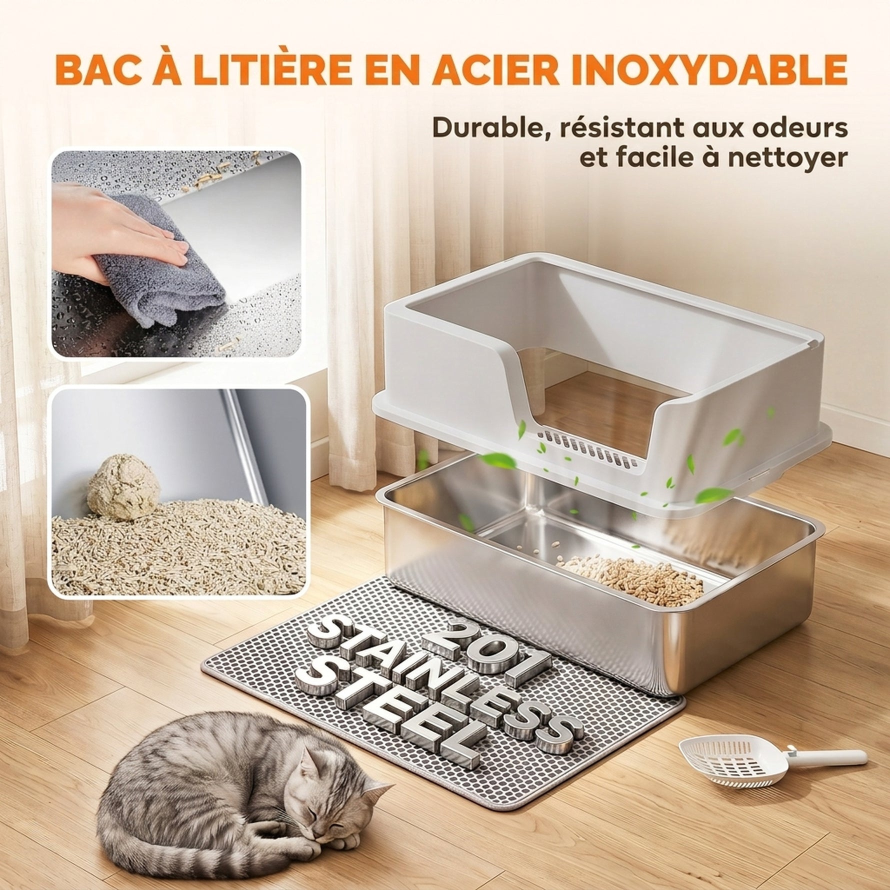 Bac Litière pour Chat en INOX Couvercle Bords Hauts Pelle et Tapis Anti-Adhérent Anti-Odeurs 60x40x30cm Gris Clair