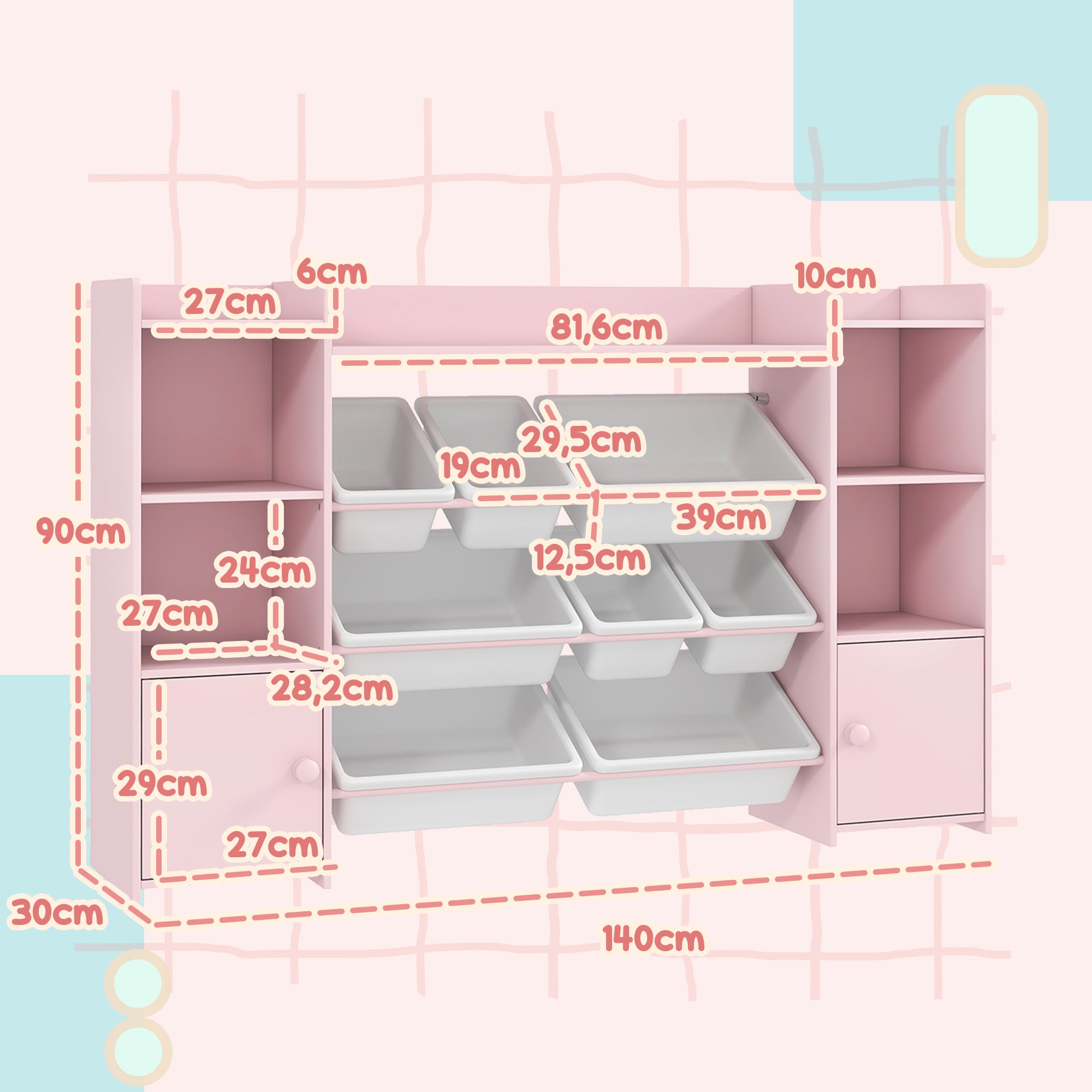 Meuble rangement enfant, étagère de rangement pour jouets enfants avec 8 bacs amovibles, 140 x 30 x 90 cm, rose