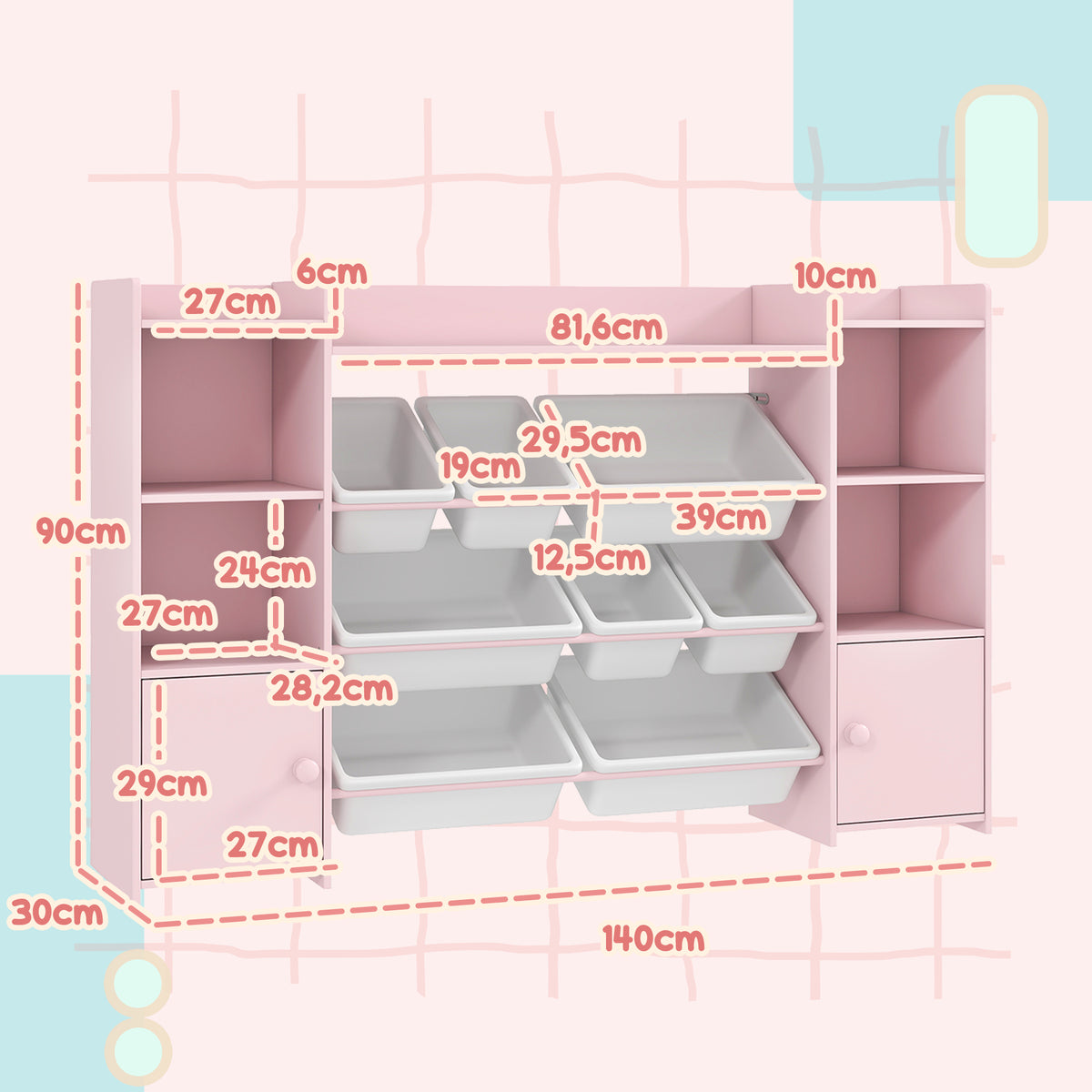 Meuble rangement enfant, étagère de rangement pour jouets enfants avec 8 bacs amovibles, 140 x 30 x 90 cm, rose
