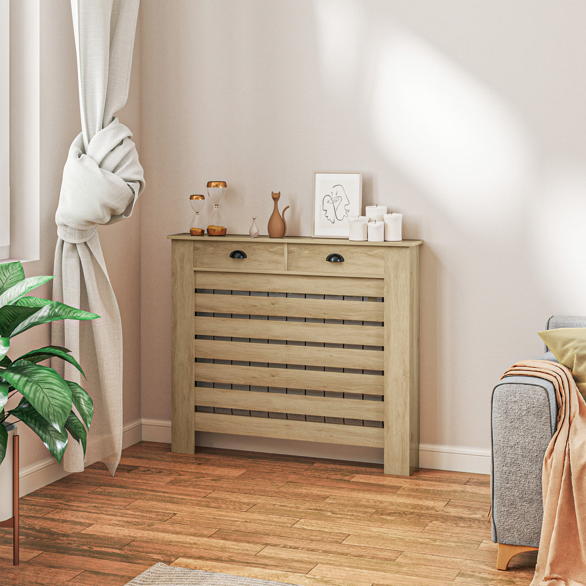 Heizkörperverkleidung mit horizontalen Lamellen und 2 Schubladen aus Holz 111L x 19T x 95,5H cm Eiche