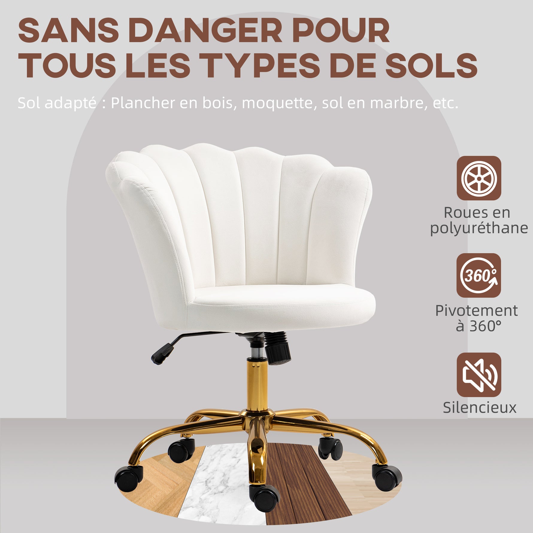 Chaise bureau en velours, chaise coiffeuse avec dossier en pétale, hauteur réglable, 69 x 64 x 80-90 cm, blanc