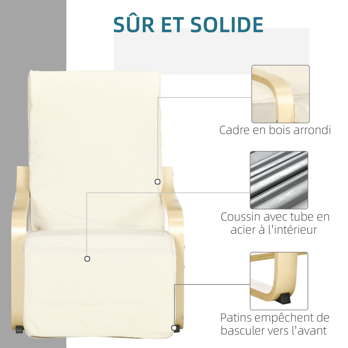 Relaxfauteuil Comfort en Ontspanning met verstelbare, afneembare voetensteun 94 x 66,5 x 100 cm Massief Hout Crème