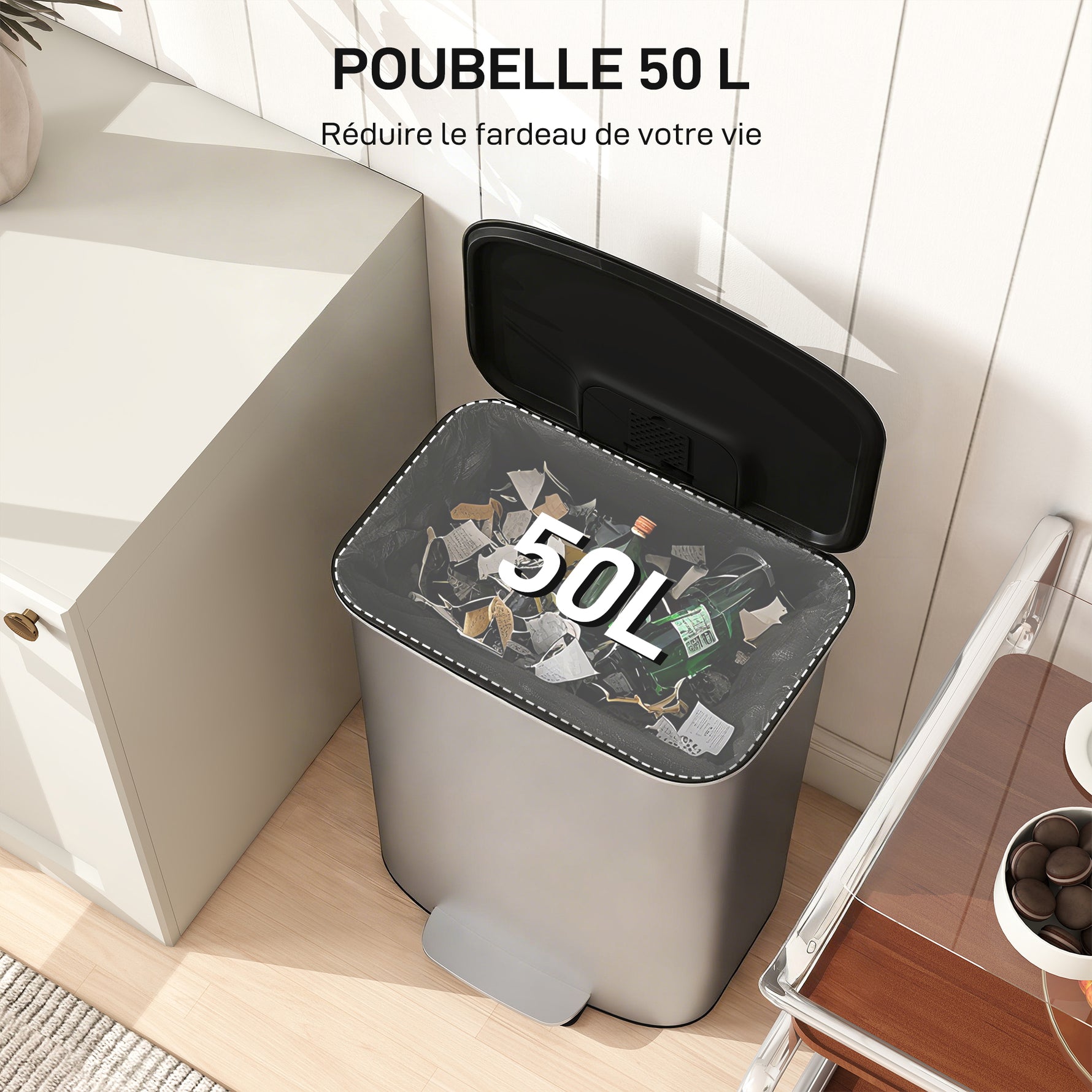 Poubelle cuisine 50L, poubelle à pédale, seau intérieur amovible, couvercle à fermeture douce, 45,1x36,5x62,6cm, gris