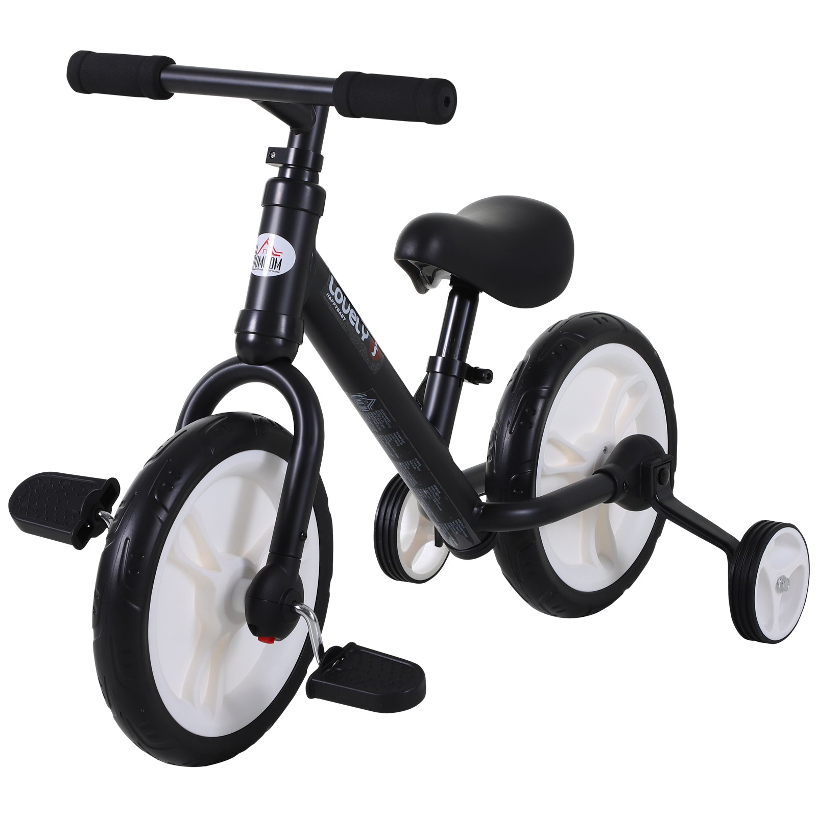 Vélo Enfant draisienne 2 en 1 roulettes et pédales Amovibles Roues 12" Hauteur Selle réglable pour enfants de 2 à 5 ans Acier Noir