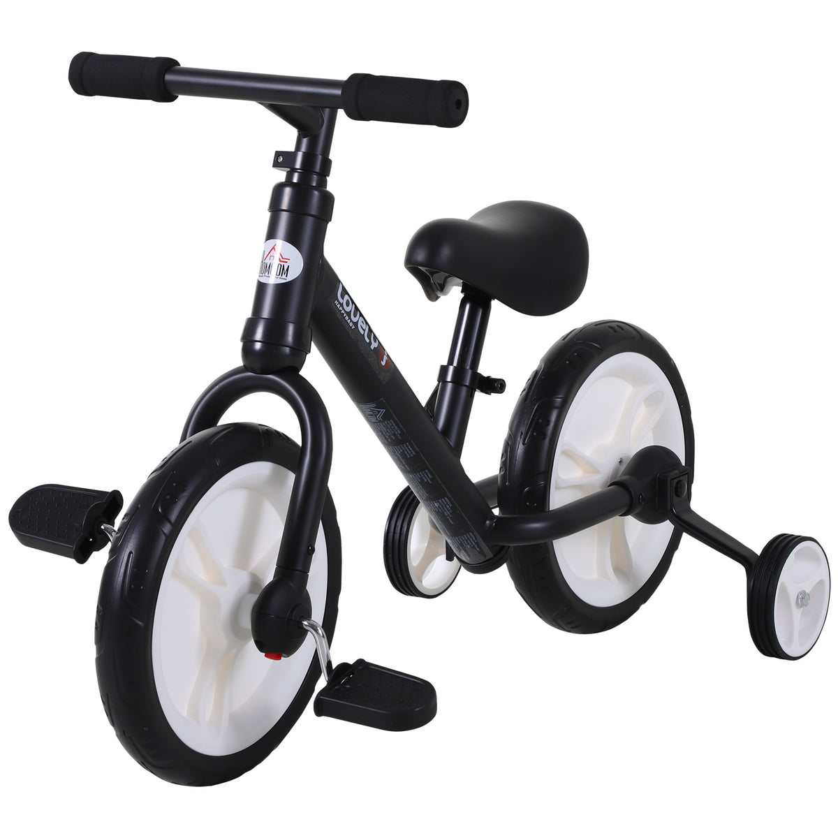 Bicicletta per bambini 2 in 1, balance bike con rotelle e pedali rimovibili, ruote da 12", altezza sella regolabile per bambini dai 2 ai 5 anni, acciaio, nero