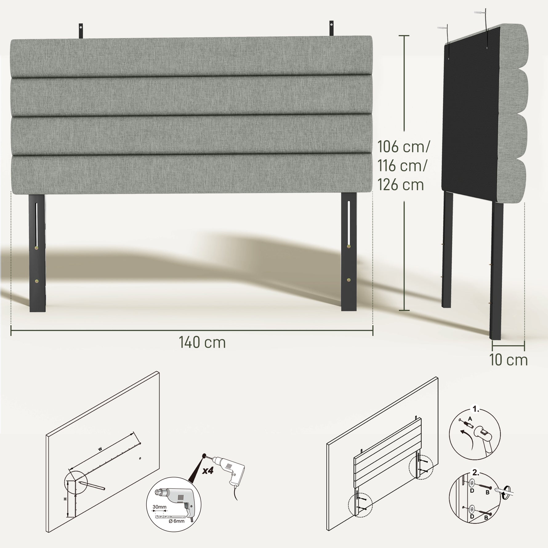 Tête de Lit Capitonnée, Hauteur Ajustable en 3 Niveaux avec Pieds en Métal pour Chambre, 140 x 10 x 106/116/126 cm, Gris