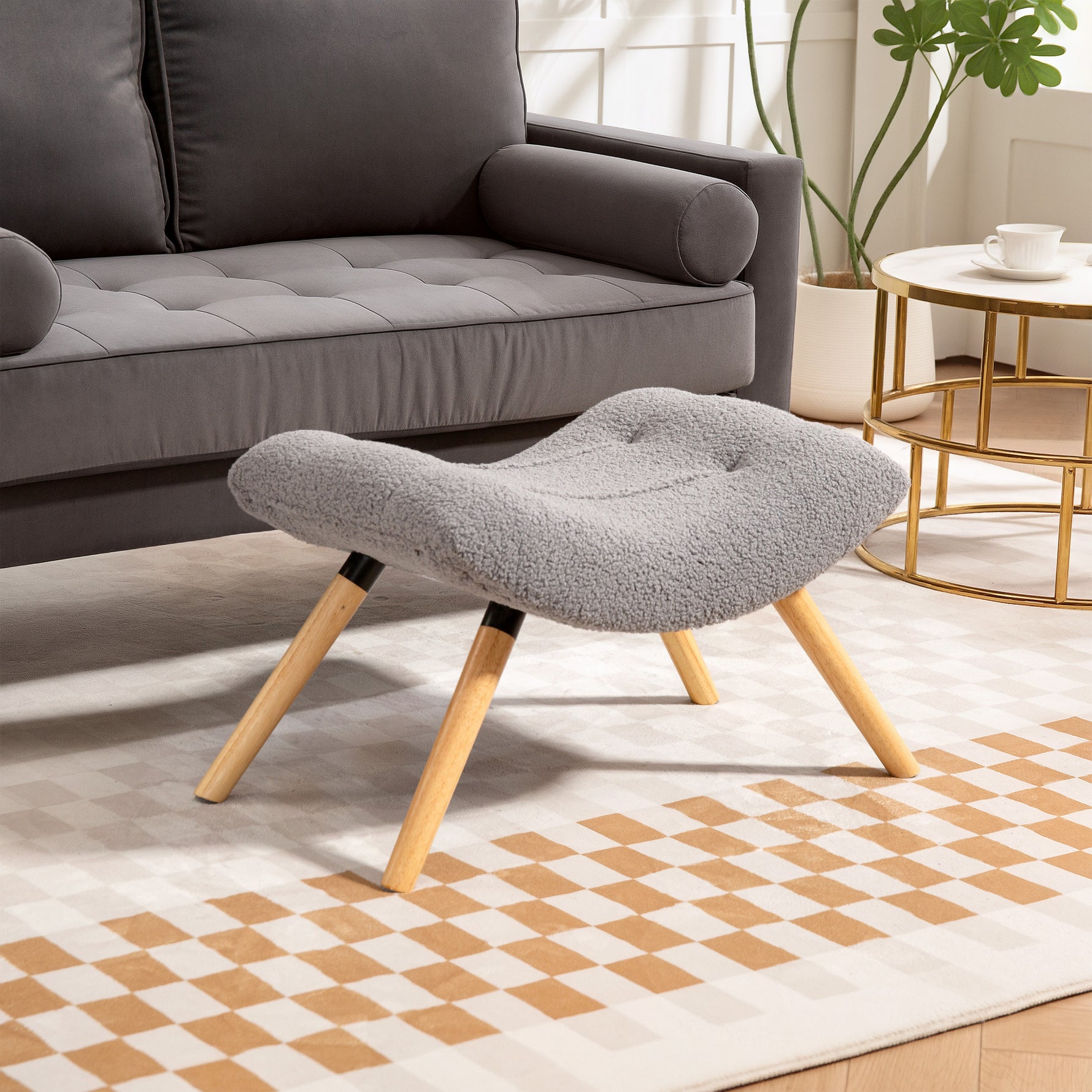Repose pied salon ottoman pouf salon tabouret de canapé en tissu avec pieds en bois de hêtre, siège rembourré, gris