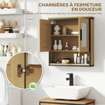 Armoire murale salle de bain avec miroir, meuble salle de bain avec compartiment ouvert et étagère réglable, chêne