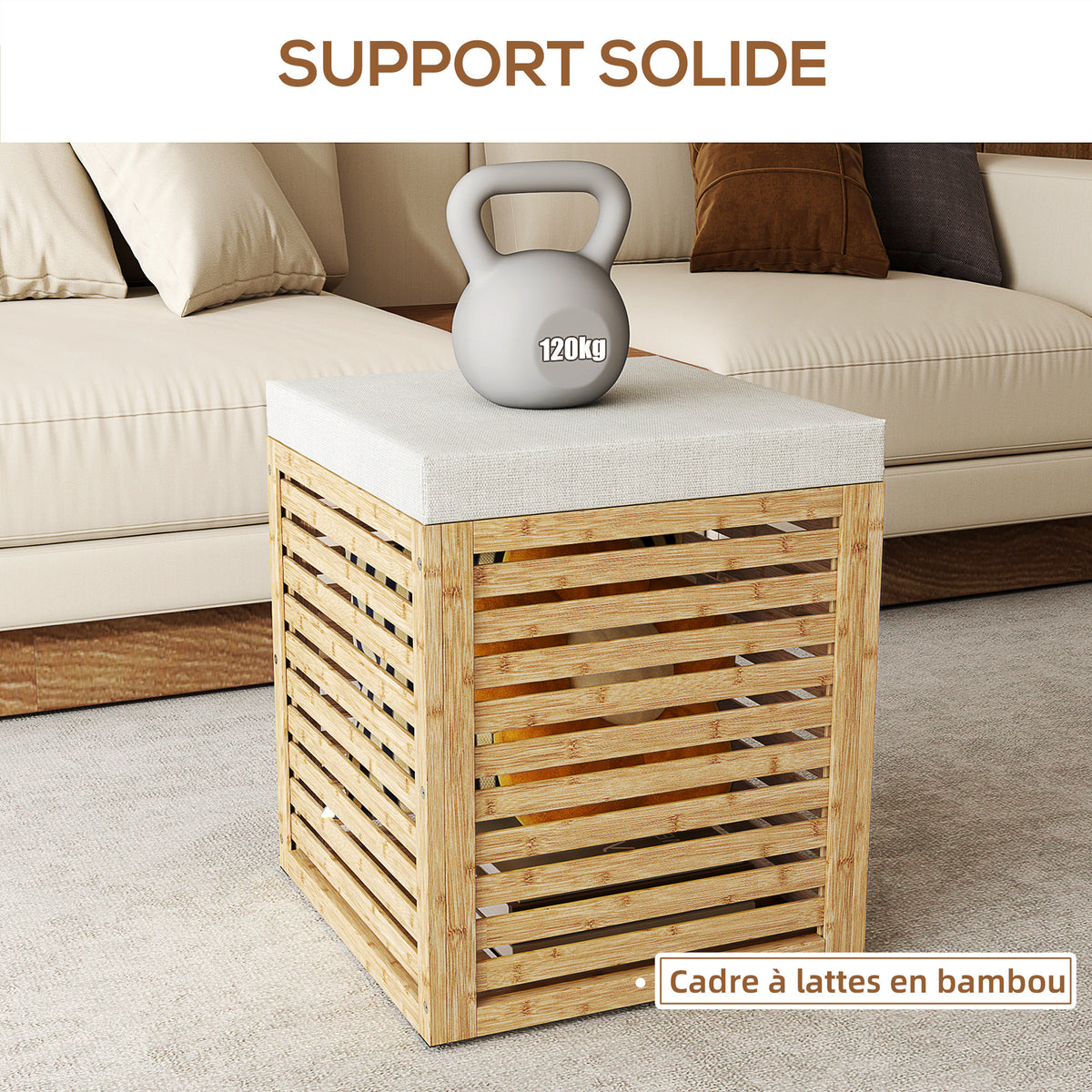 Coffre de rangement tabouret de rangement 54.76 L design lamellé cadre en bambou naturel 40 x 40 x 47 cm bois naturel