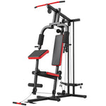 Station de Musculation Multifonction à Disques Libres, avec Banc Amovible, 136x107x205cm, Noir et Rouge
