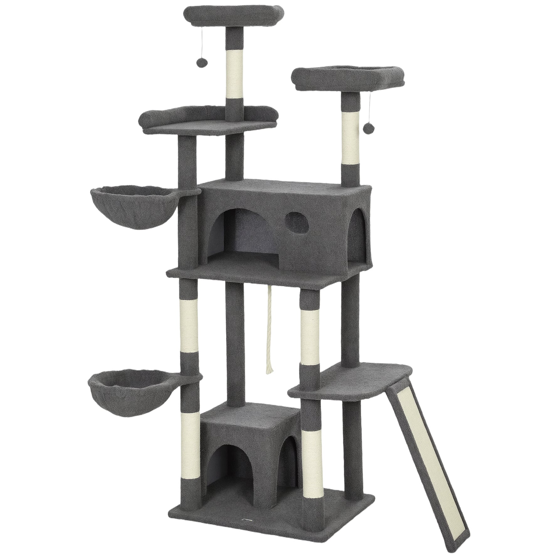 Arbre à chat tour de jeux pour chat avec griffoir 3 lits 2 niches plateformes et 3 jouets suspendus hauteur 174 cm gris