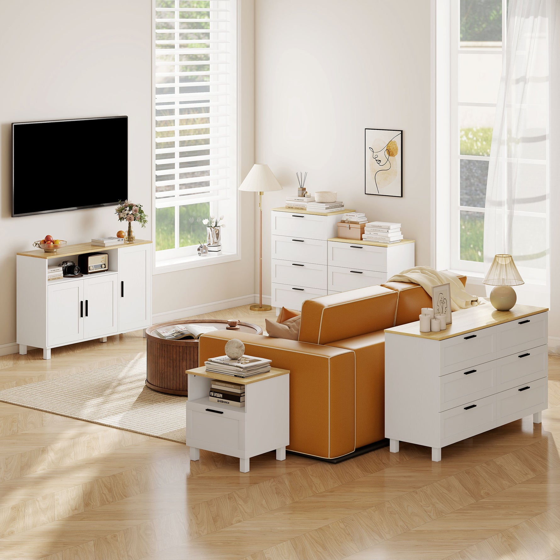 Buffet, meuble de rangement avec 3 portes, compartiment ouvert et étagères réglables, 110 x 33 x 75 cm, blanc