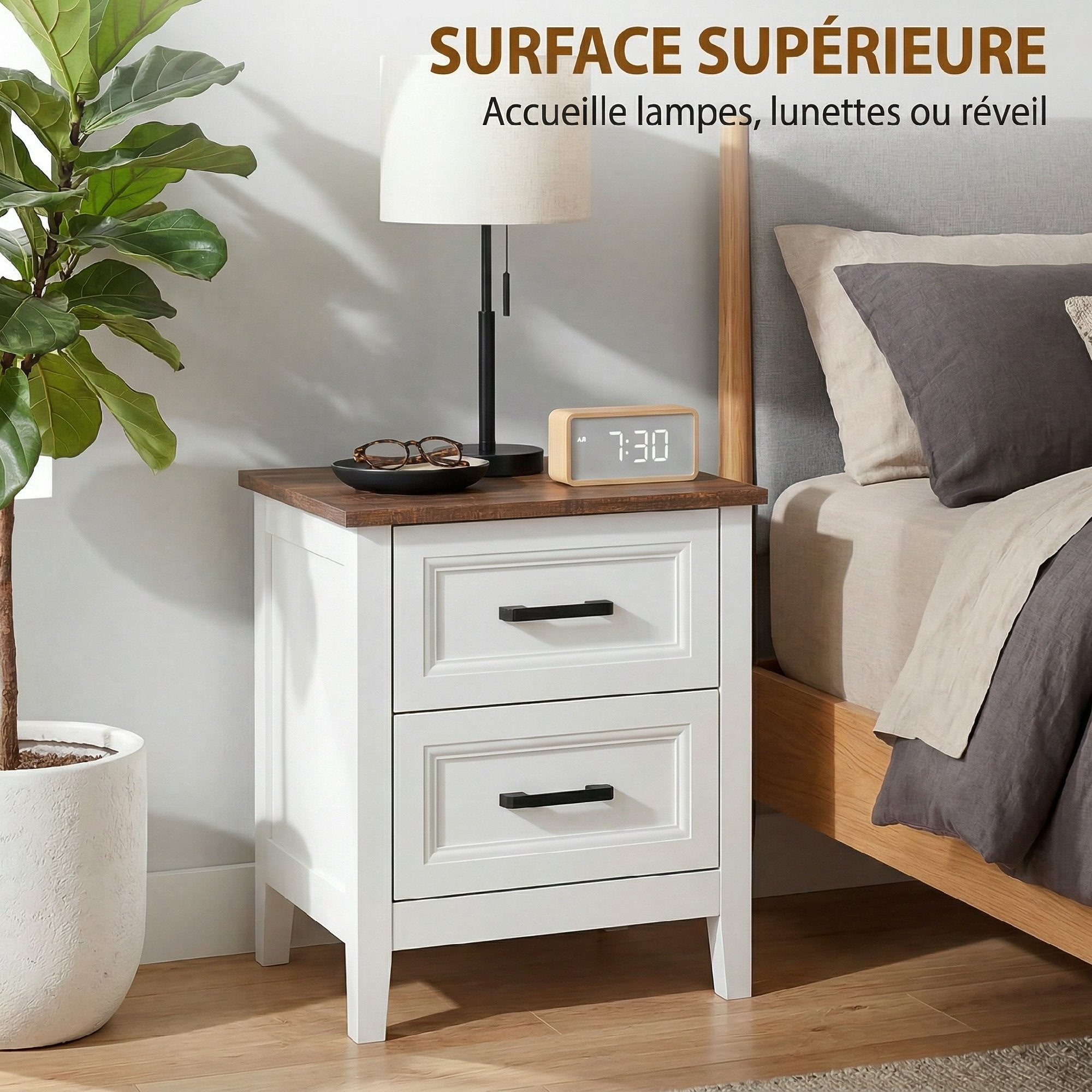 Table de chevet, table de nuit avec 2 tiroirs, plateau effet bois, style rustique, pour chambre à coucher, salon, blanc
