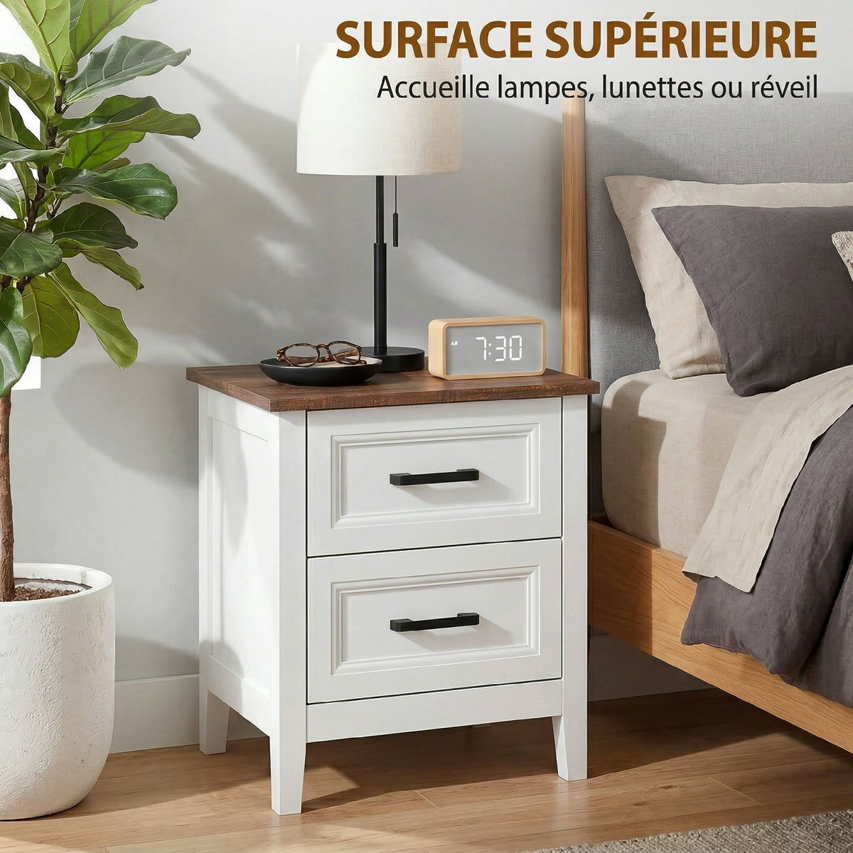 Table de chevet, table de nuit avec 2 tiroirs, plateau effet bois, style rustique, pour chambre à coucher, salon, blanc