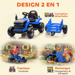 Tracteur électrique enfants avec remorque amovible, voiture électrique enfants, télécommande 2,4G, 139x58x55cm, bleu