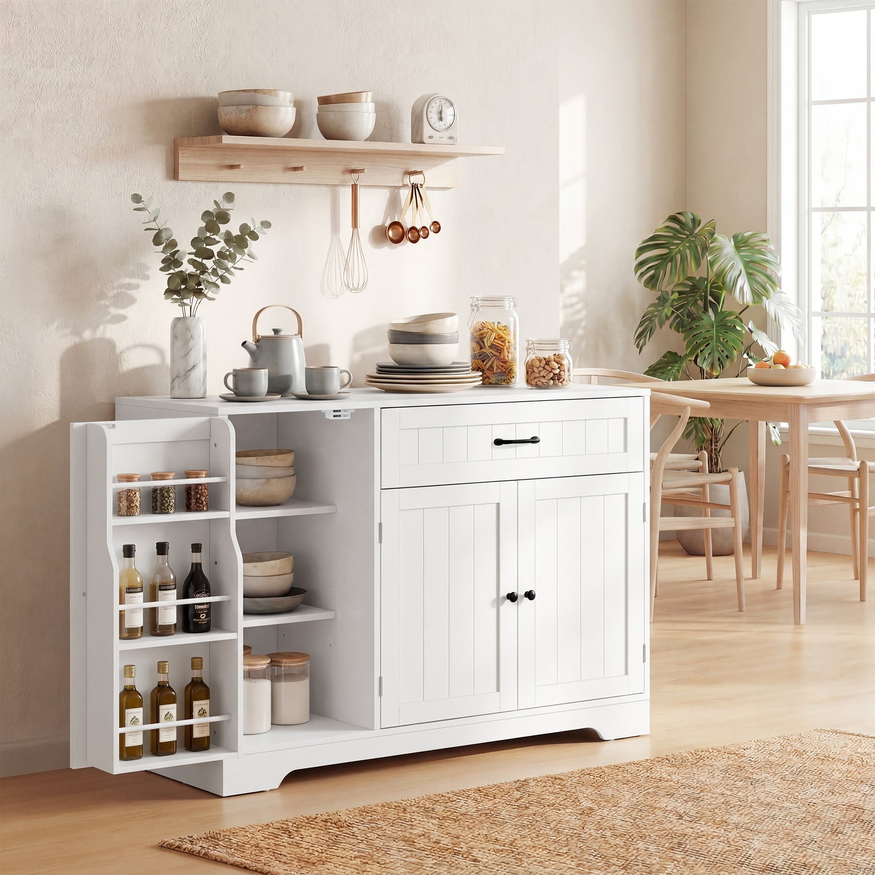 Buffet cuisine, meuble de rangement avec tiroir, 3 portes à fermeture douce, racks-porte et étagères réglables, blanc