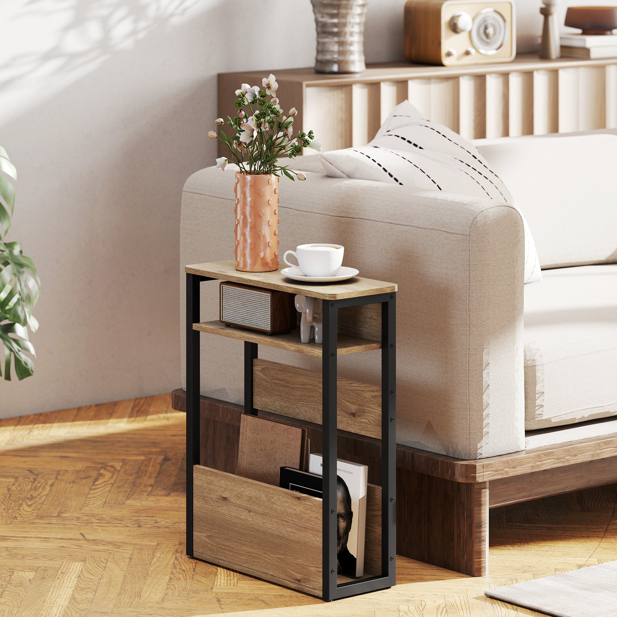 Table d'appoint table de chevet avec étagère à deux niveaux coins arrondis 46l x 18P x 58,5H cm noyer