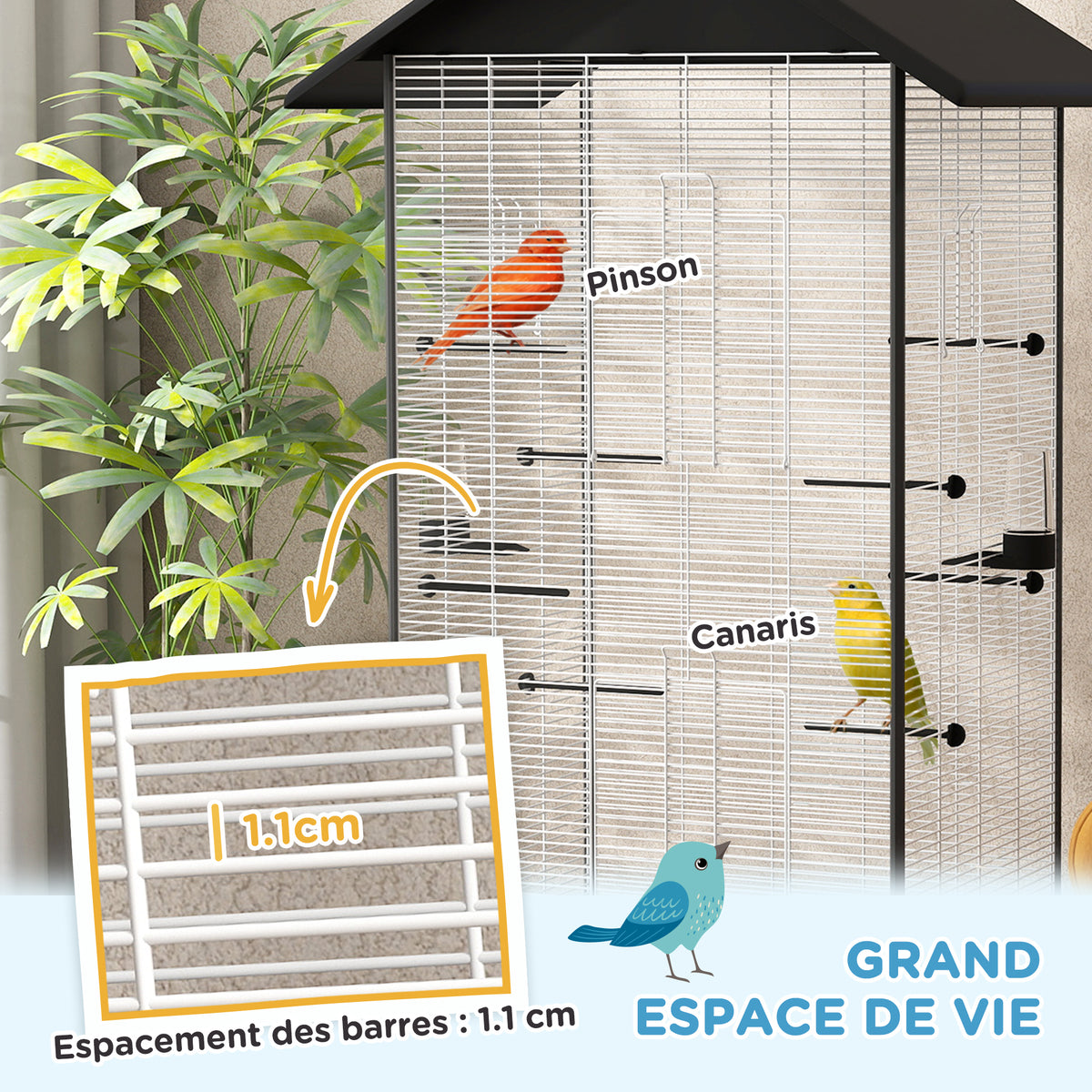 Cage oiseau sur pied volière oiseaux intérieure sur roulettes 2 mangeoires 8 perchoirs 79 x 65 x 155 cm fil d'acier noir