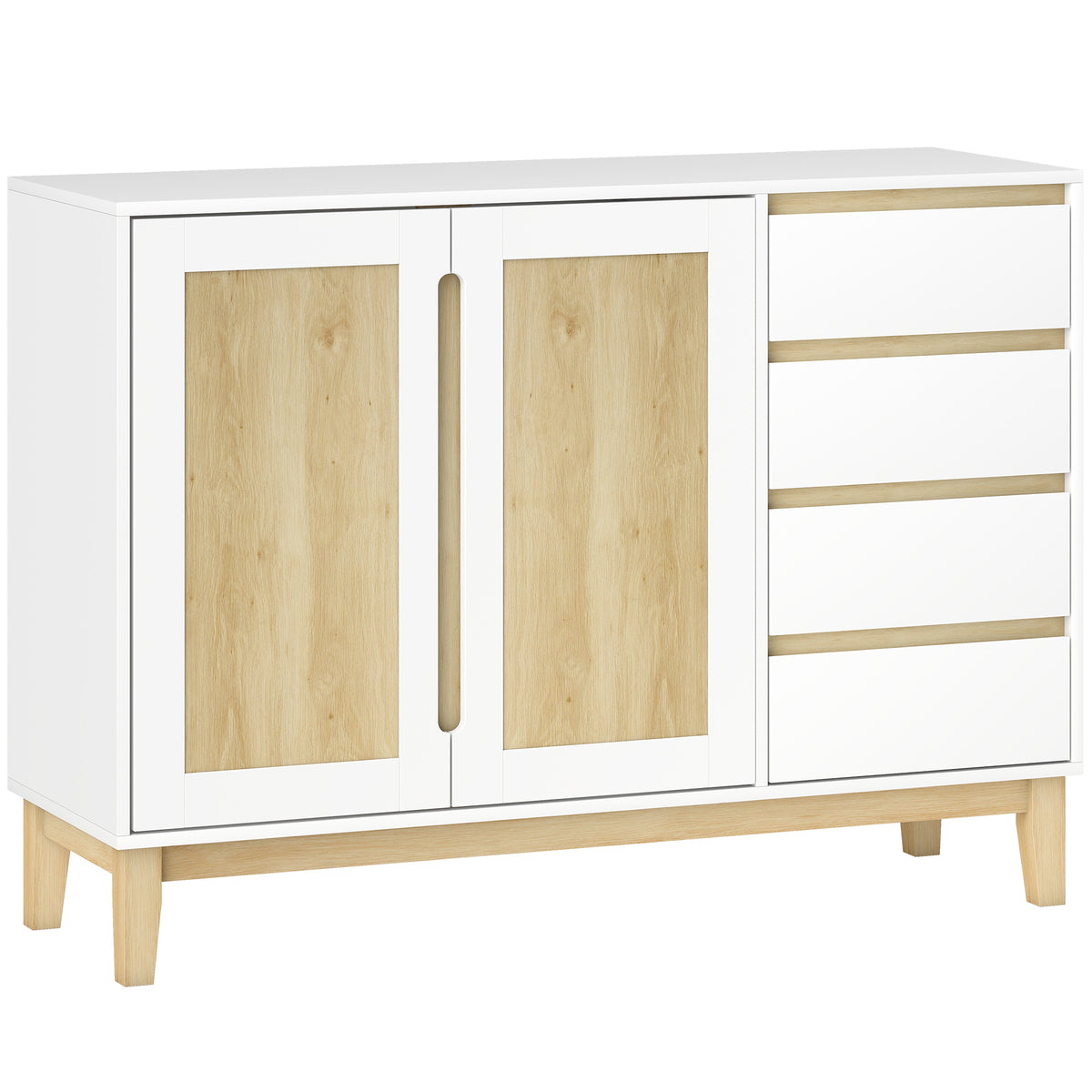Buffet, meuble de rangement avec 2 portes et 4 tiroirs, étagère réglable, 120 x 40 x 86 cm, blanc et chêne