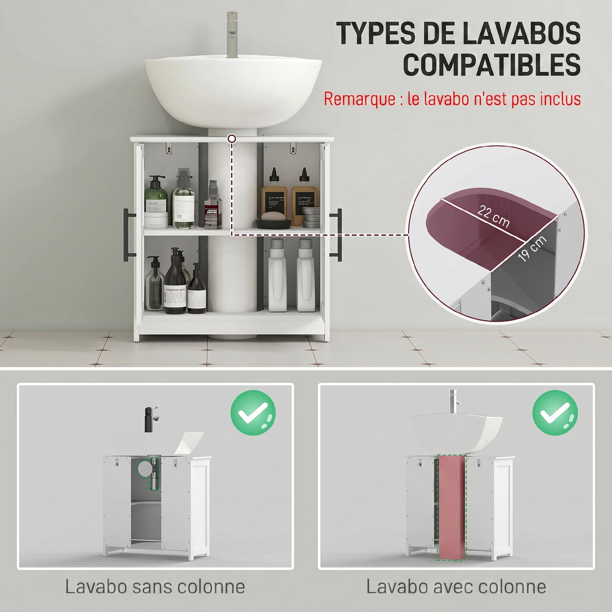 Meuble sous lavabo, meuble de salle de bain avec 2 portes magnétiques style grange et étagères, 60 x 30 x 60 cm, blanc