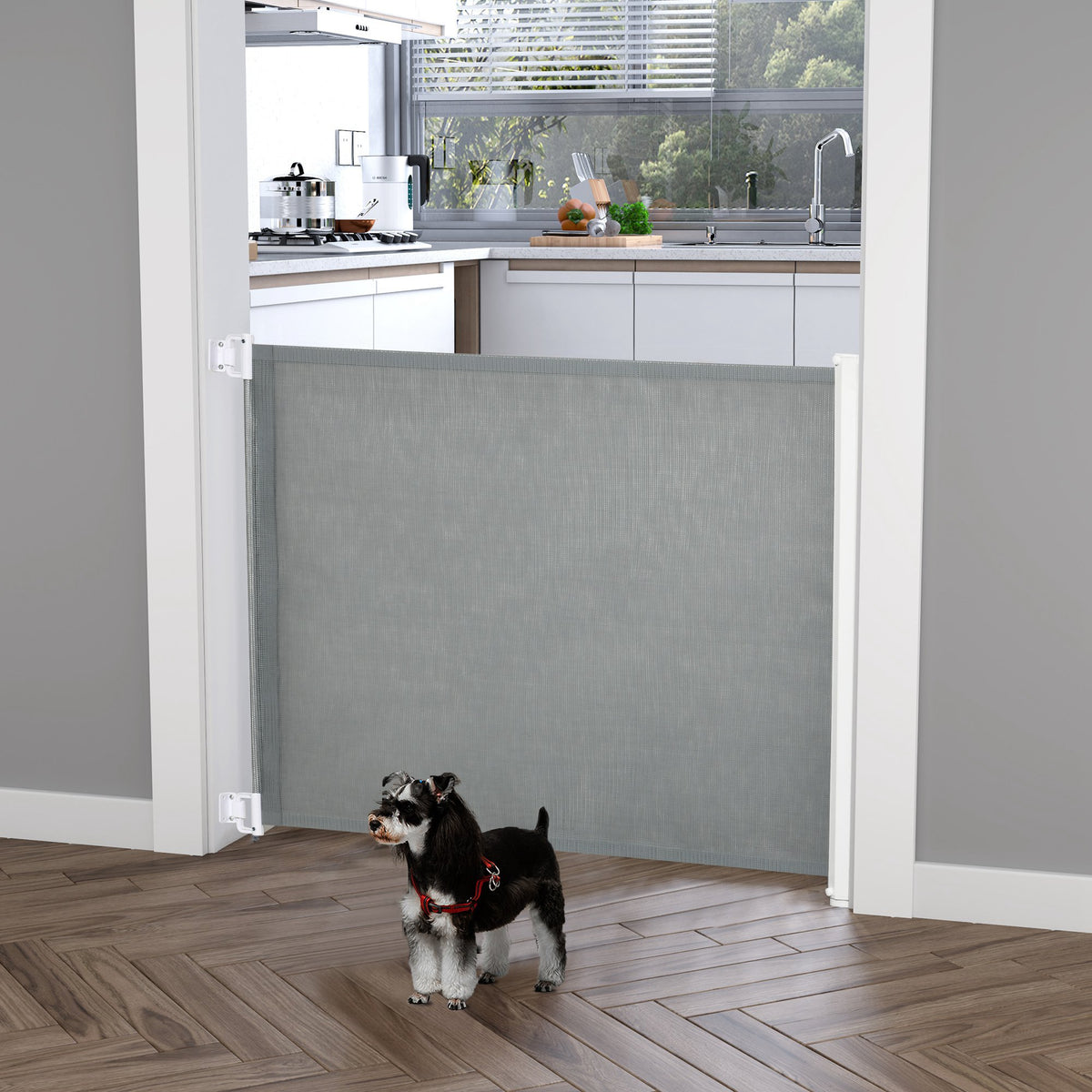 Lot de 2 barrières de sécurité barrière animaux rétractable automatique 1,15L x 0,83H m textilène acier  gris