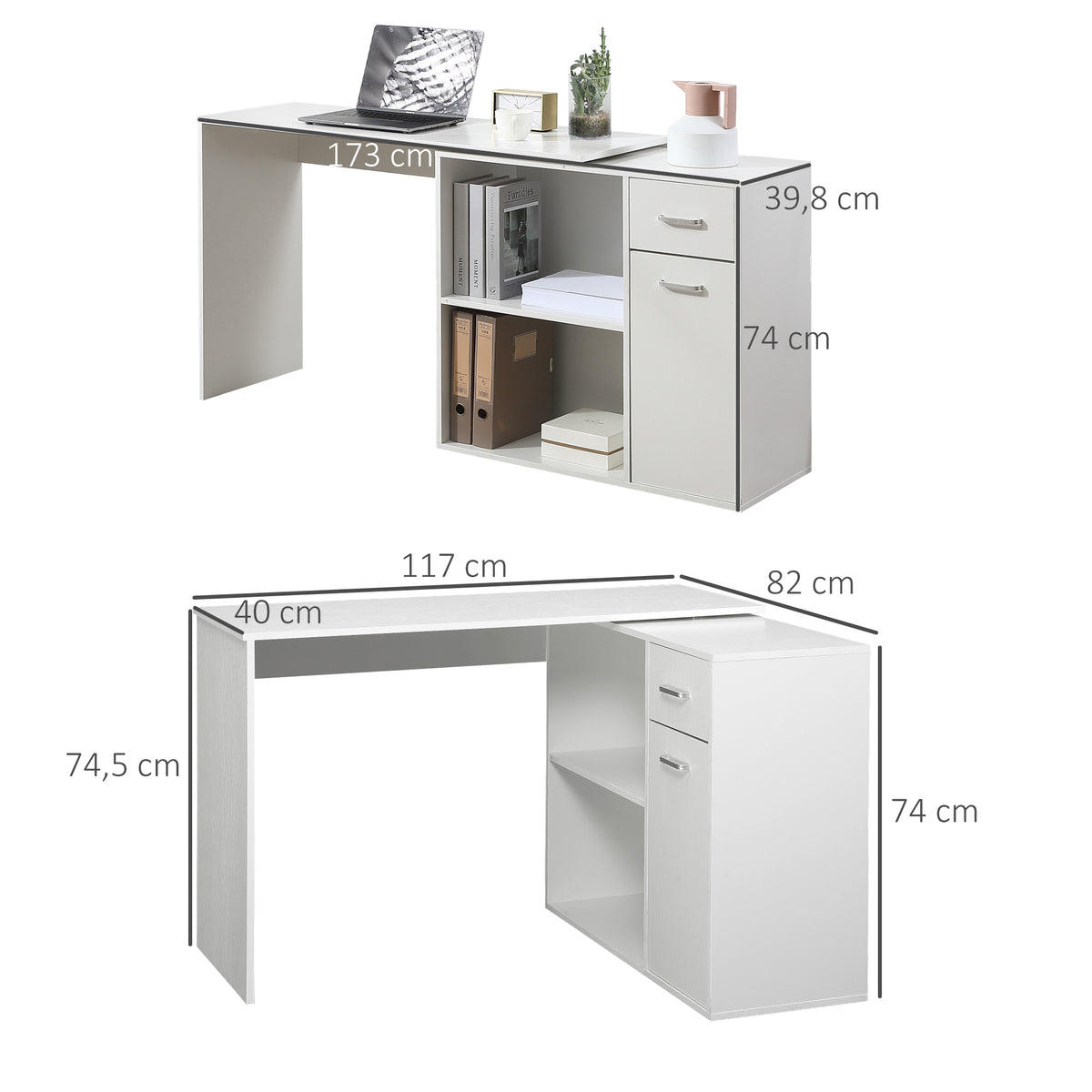 Bureau d'angle rotatif à 180°, bureau d'ordinateur, bibliothèque, tiroir, placard, poste de travail, 117x82x74cm, blanc