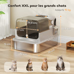 Maison de Toilette pour Chat XXL en Inox, Couvercle 90°, Double Porte, Filtre Frontal, Pelle, 70x50x46,5cm, Gris