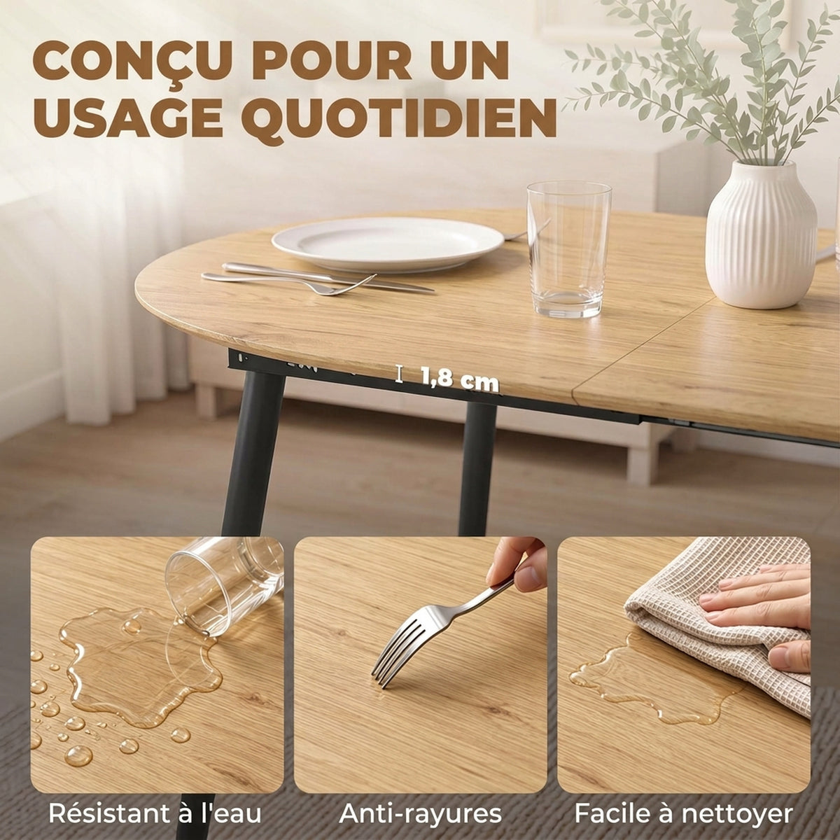 Mesa de comedor extensible ovalada para 4 a 6 personas, mesa de cocina 120-160 cm, bordes redondeados, roble