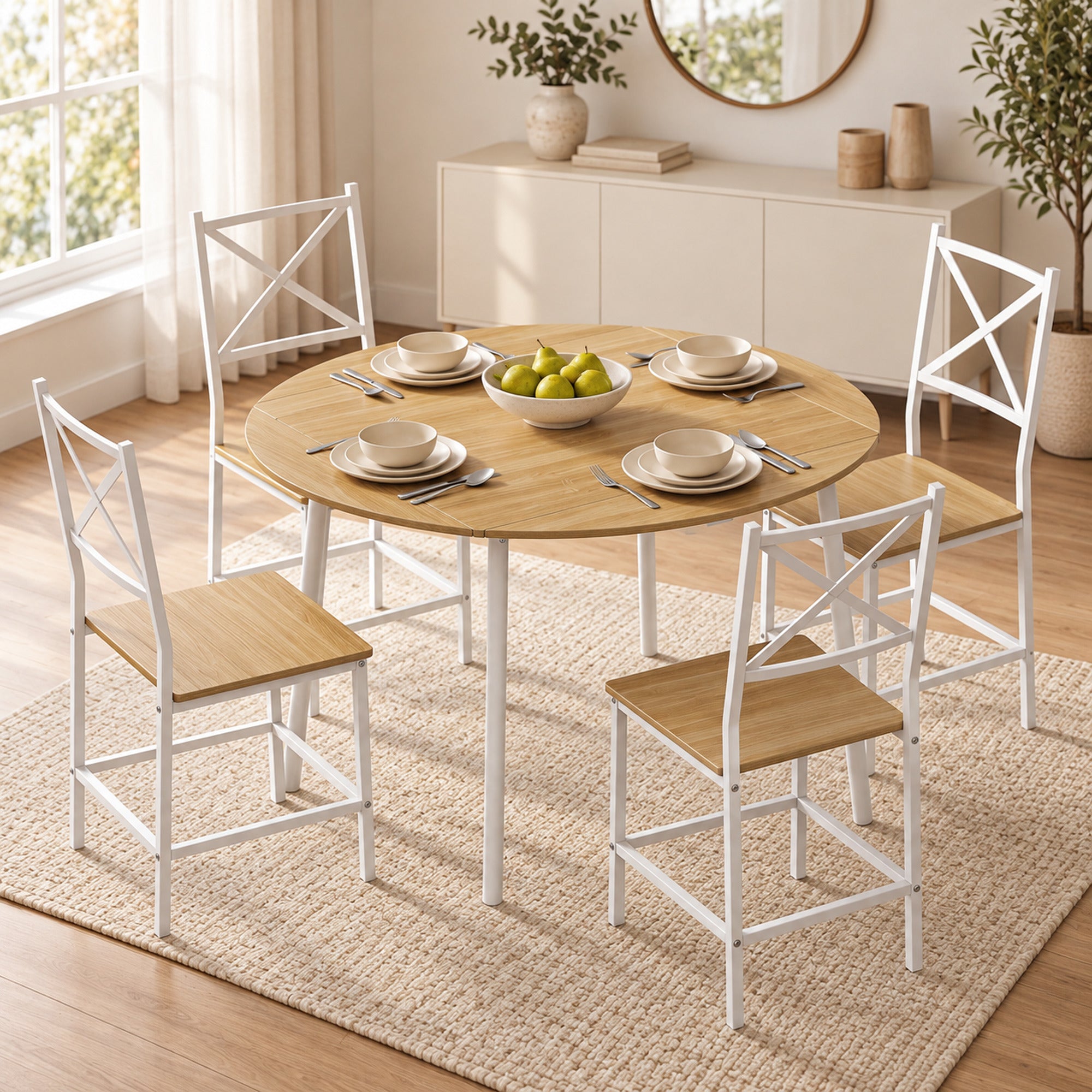 Dining Table Set with 4 Chairs for 4 People, Folding Kitchen Table 105 cm Stackable Chairs, Oak