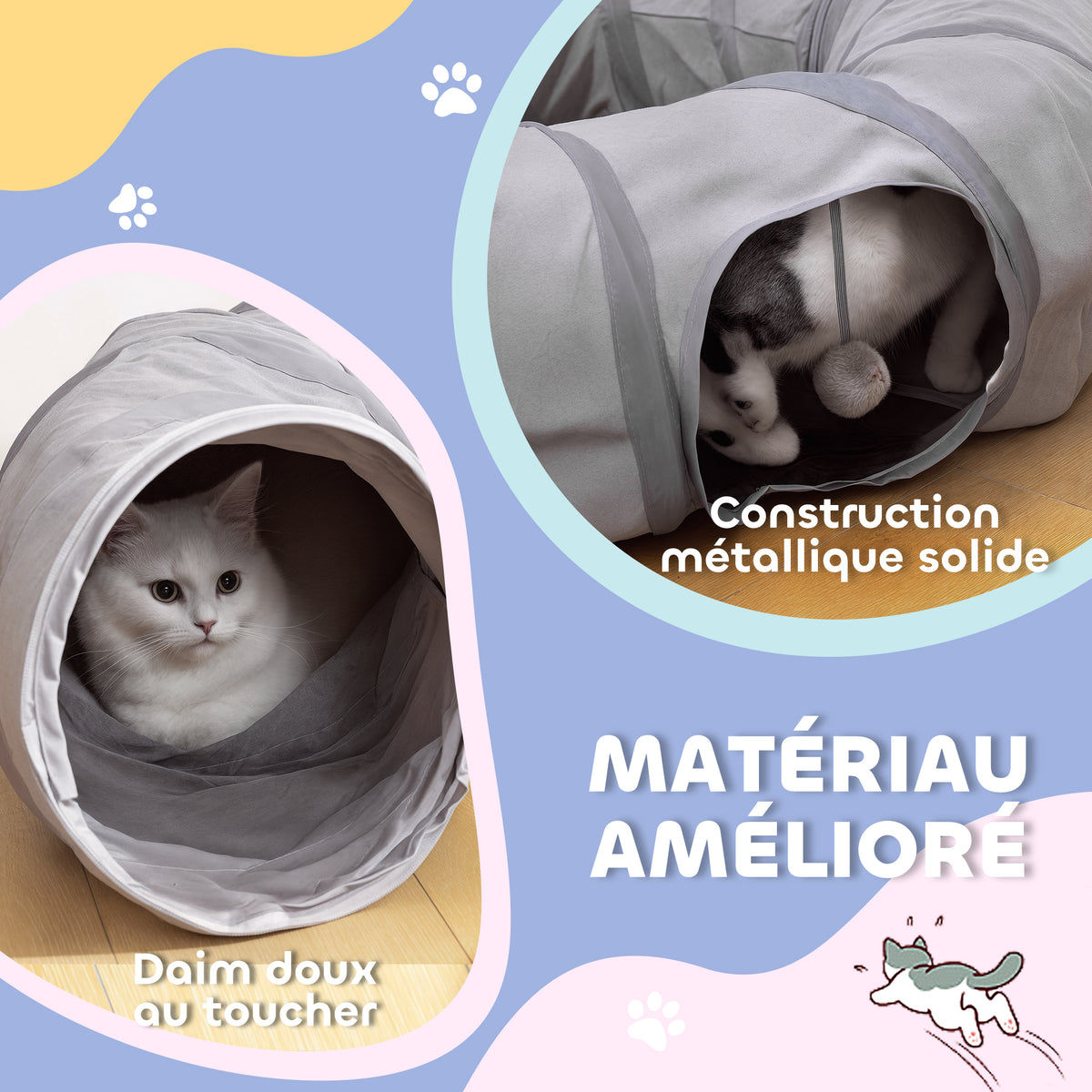 Tunnel pour chat intérieur rond tunnel avec lit et coussin, pliable, avec trous pour balles et judas, Ø 90 x 27 cm gris