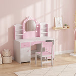 Coiffeuse pour Enfants avec Tabouret et Miroir Lumineux à 2 Couleurs en Acrylique, pour 3-8 Ans, 90 x 41 x 104 cm, Rose