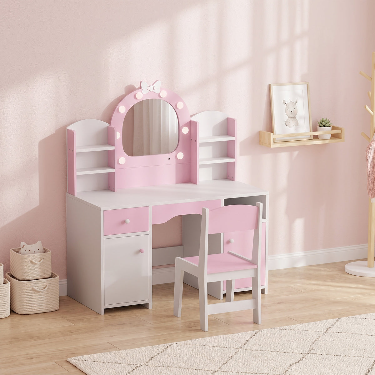 Coiffeuse pour Enfants avec Tabouret et Miroir Lumineux à 2 Couleurs en Acrylique, pour 3-8 Ans, 90 x 41 x 104 cm, Rose