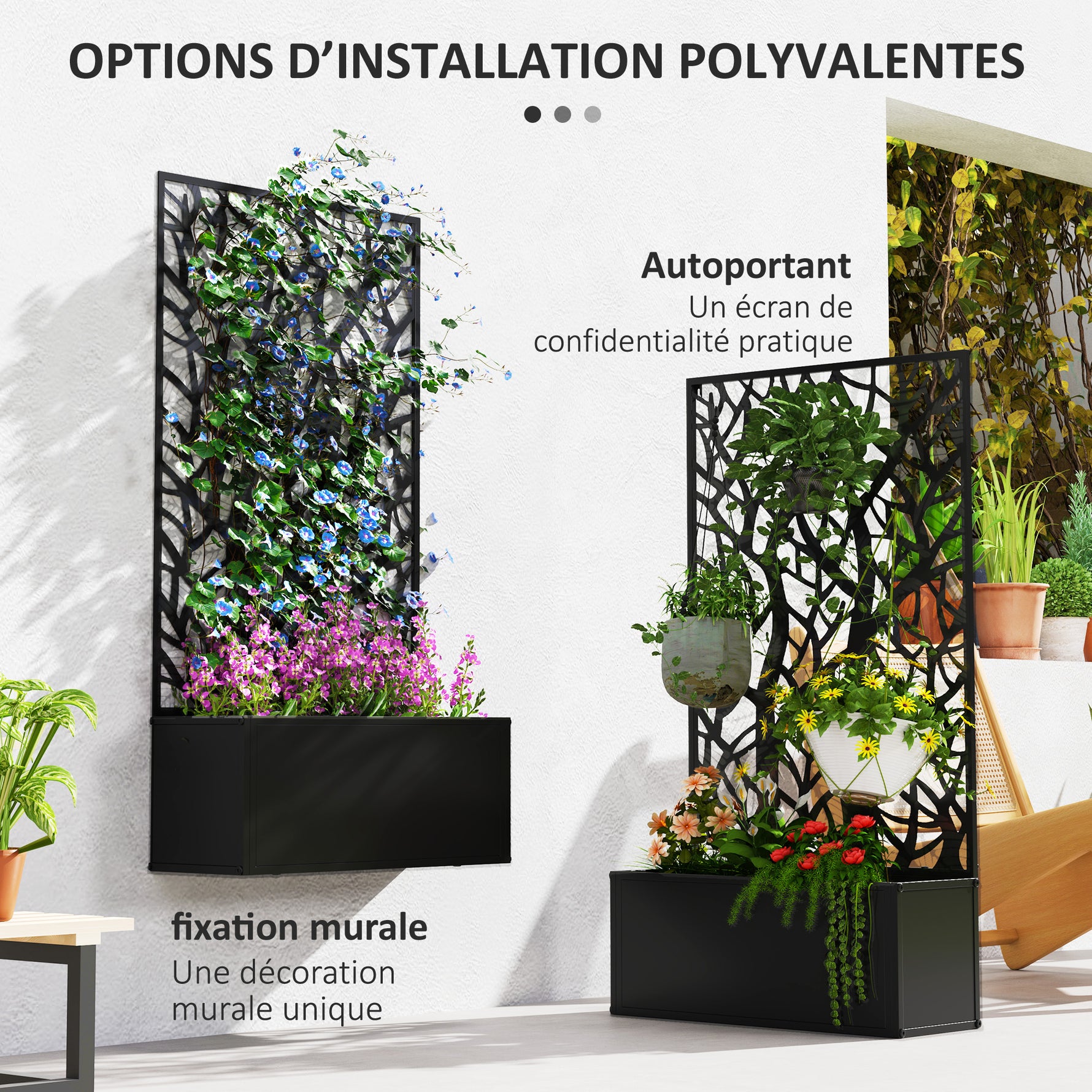 Jardinière avec treillis, bac à fleurs pour plantes grimpantes, légumes, fleurs en métal 61 x 23 x 113 cm noir