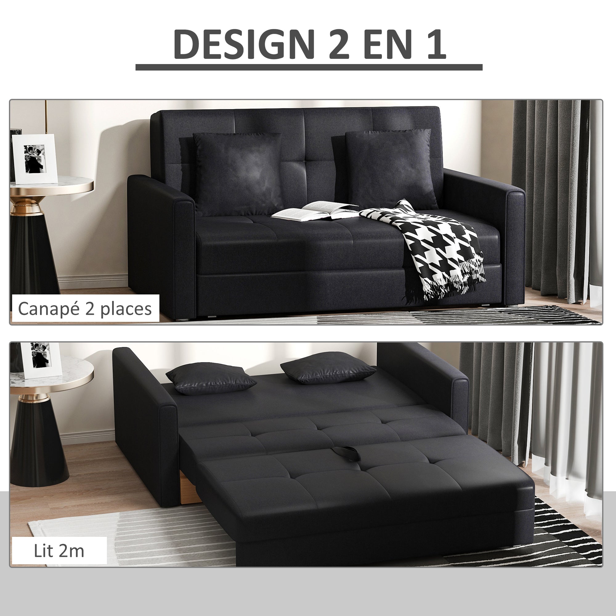 Canapé-lit 2 places convertible 2 en 1 avec 2 coussins et coffre de rangement intégré 152 x 101 x 81 cm gris foncé