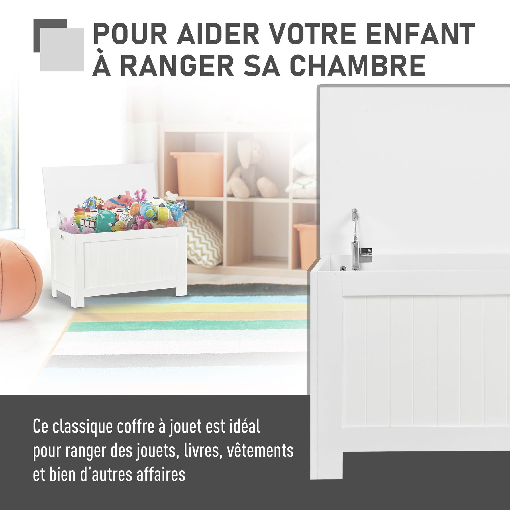 Coffre de Rangement avec Charnières de Sécurité, Boîte de Rangement en Bois, Coffre à Jouets avec Couvercle