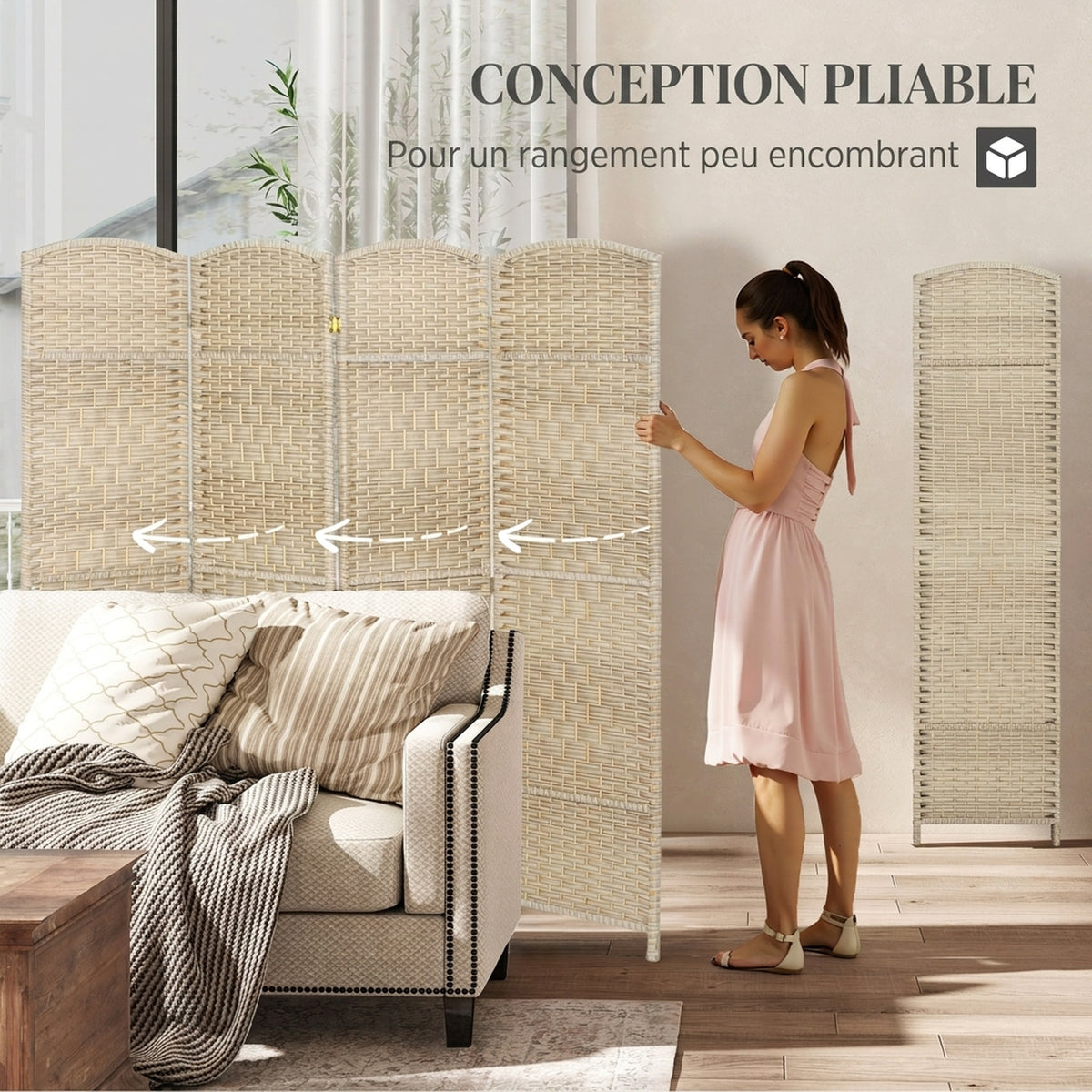 Biombo interior de madera de 4 paneles, separador de ambientes plegable para salón y dormitorio, 180 x 180 cm, roble